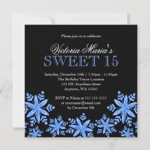 Sparkle Snowflakes Blue Sweet 15 Winter Wonderland Invitation