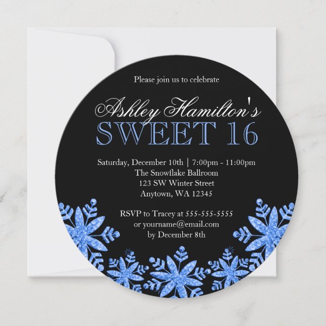 Sparkle Snowflakes Blue Sweet 16 Winter Wonderland Invitation (Front)