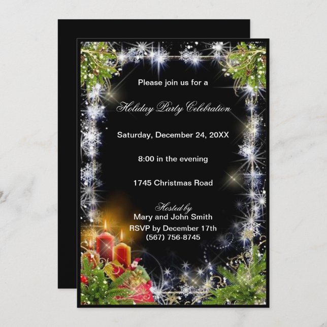 Sparkle Snowflakes Candles Pine Christmas Party Invitation (Front/Back)