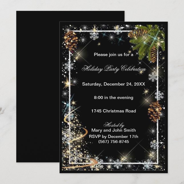 Sparkle Snowflakes Pine Cones Christmas Party Invitation (Front/Back)