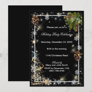 Sparkle Snowflakes Pine Cones Christmas Party Invitation