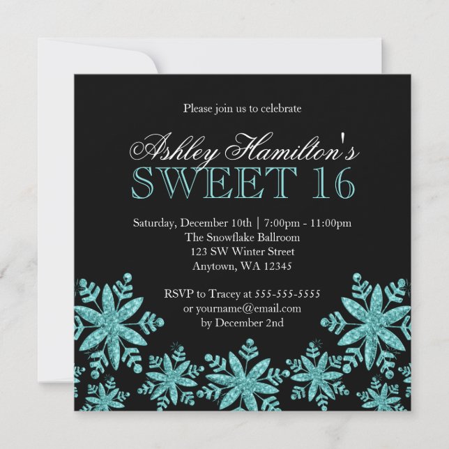 Sparkle Snowflakes Teal Sweet 16 Winter Wonderland Invitation (Front)
