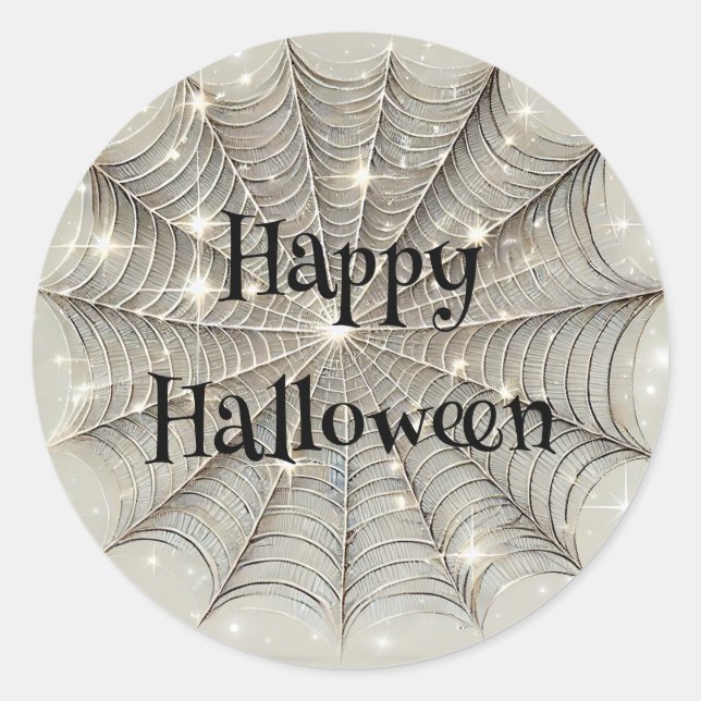 Sparkle Spiderweb Whimsical Tan Halloween Party Classic Round Sticker (Front)