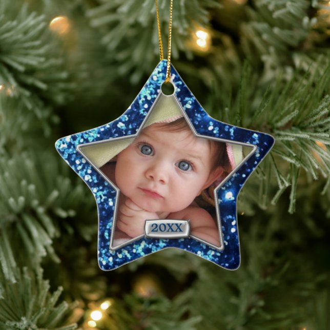 Sparkle Star Blue/Silver Photo Ceramic Tree Decoration (Tree)