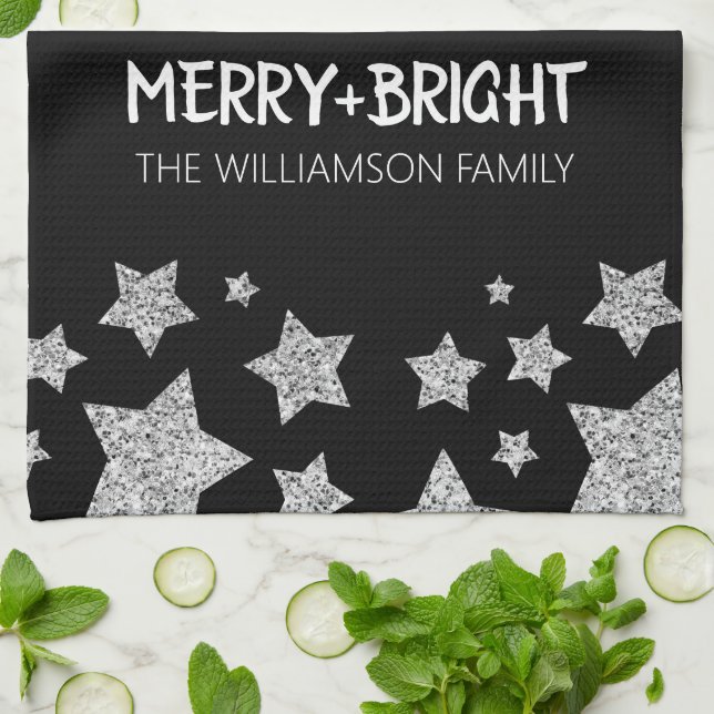 Sparkle Star Merry bright Christmas silver black Tea Towel (Folded)