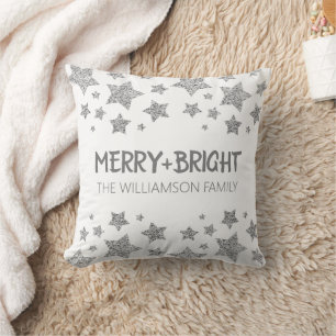 Sparkle Star Merry bright Christmas silver white Cushion