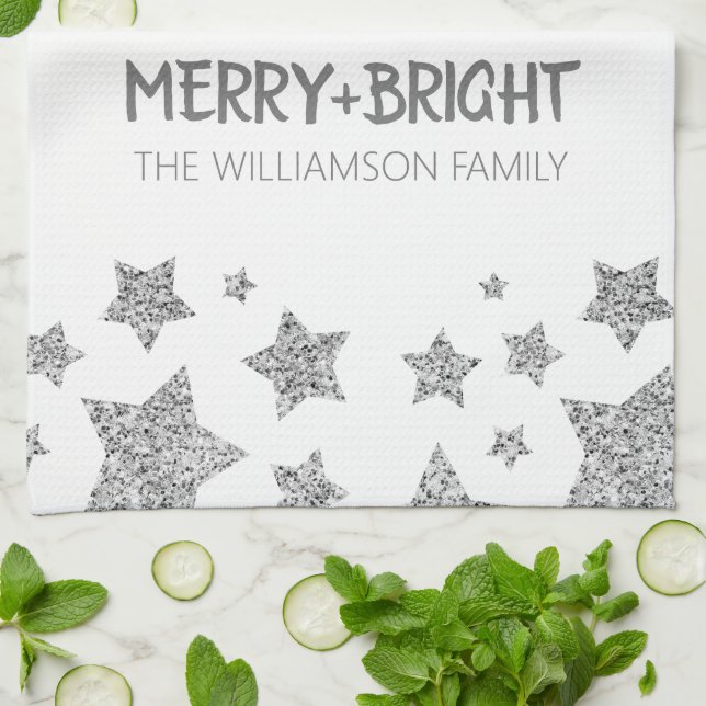 Sparkle Star Merry bright Christmas silver white Tea Towel (Folded)