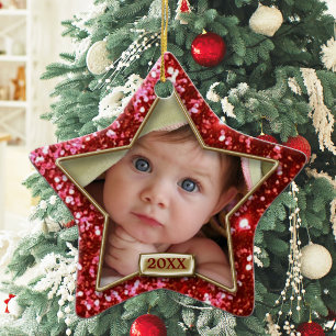 Sparkle Star Red/Gold Photo Ceramic Tree Decoration