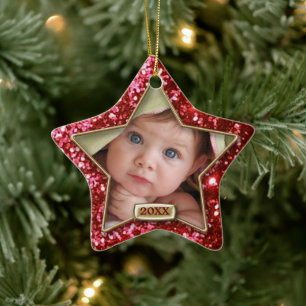 Sparkle Star Red/Gold Photo Ceramic Tree Decoration