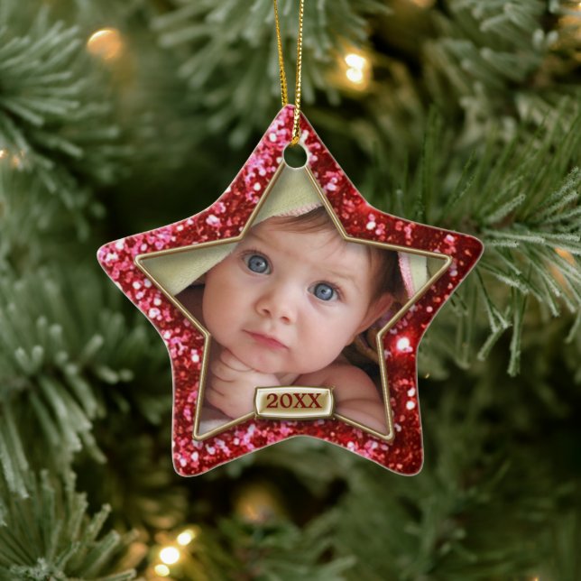 Sparkle Star Red/Gold Photo Ceramic Tree Decoration (Tree)