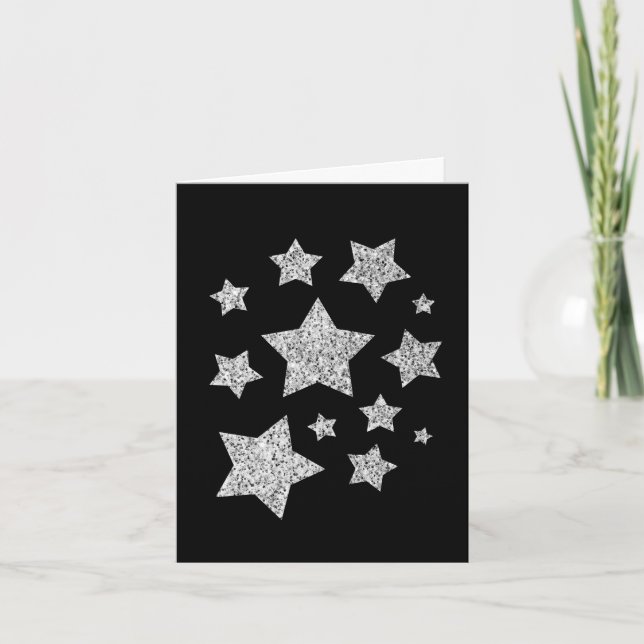 Sparkle Stars Christmas Holiday silver on black Card (Front)
