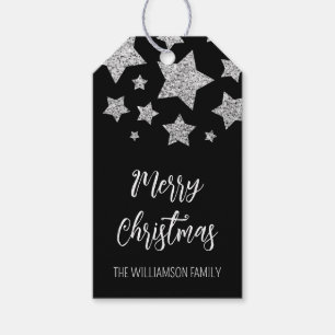 Sparkle Stars Merry Christmas Holiday silver black Gift Tags