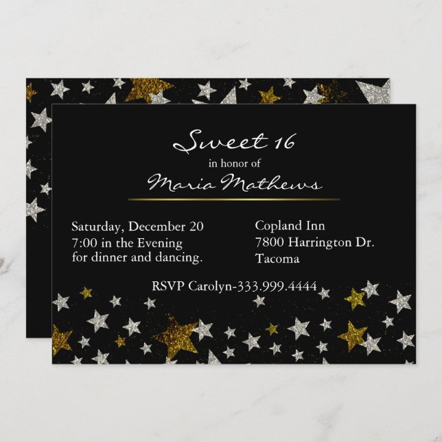 Sparkle Stars Sweet 16 Birthday Invitation (Front/Back)