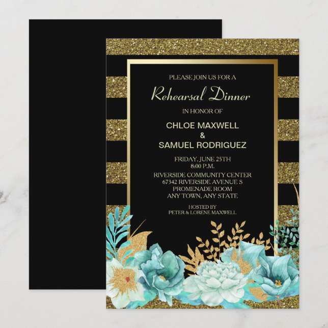 Sparkle Stripe Gold Mint Floral Rehearsal Dinner Invitation (Front/Back)