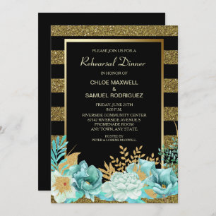 Sparkle Stripe Gold Mint Floral Rehearsal Dinner Invitation