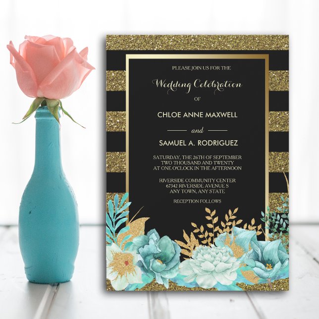 Sparkle Stripe Gold Mint Floral Wedding Invitation (Creator Uploaded)