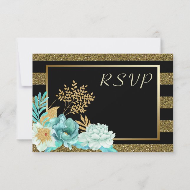 Sparkle Stripe Gold Mint Floral Wedding RSVP (Front)