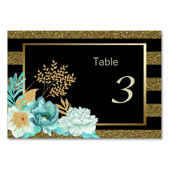 Sparkle Stripe Gold Mint Floral Wedding Table Number (Front)