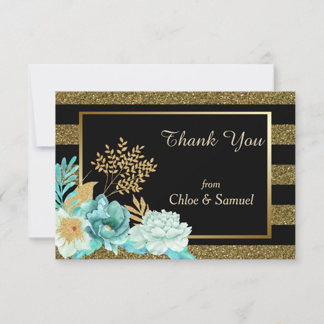 Sparkle Stripe Gold Mint Floral Wedding Thank You Card (Front)