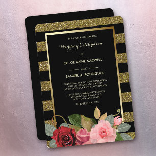 Sparkle Stripe Pink Red Roses Wedding Invitation