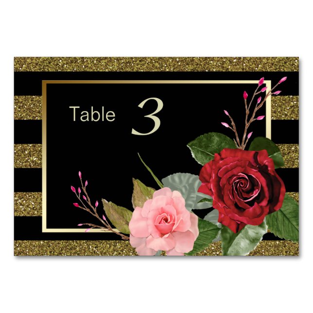 Sparkle Stripe Pink Red Roses Wedding Table Number (Front)