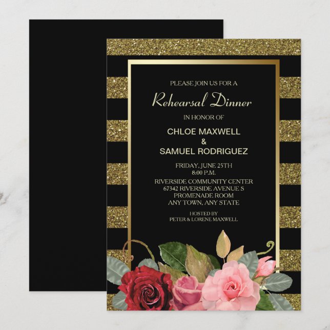 Sparkle Stripe Rose Wedding Rehearsal Dinner Invitation (Front/Back)