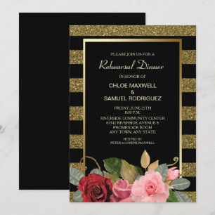 Sparkle Stripe Rose Wedding Rehearsal Dinner Invitation