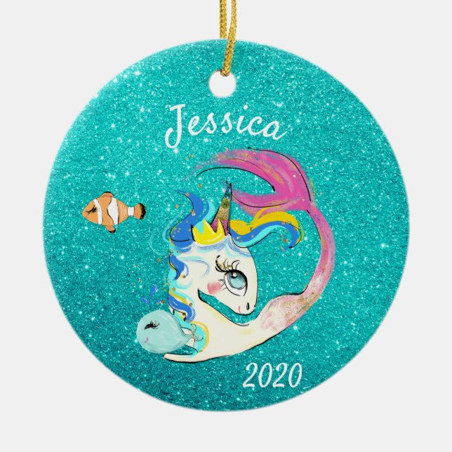 Sparkle Teal Mermaid Unicorn Personalised glitter Ceramic Tree Decoration (Front)