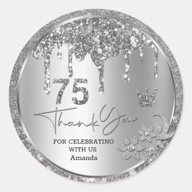 Sparkle Thank You Silver Dripping Glitter Classic Round Sticker (Front)