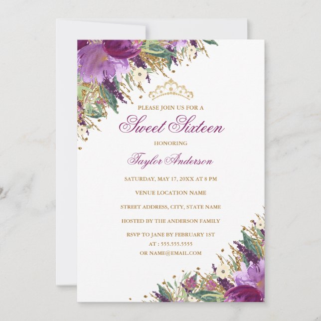 Sparkle Tiara Amethyst Purple Floral Sweet Sixteen Invitation (Front)