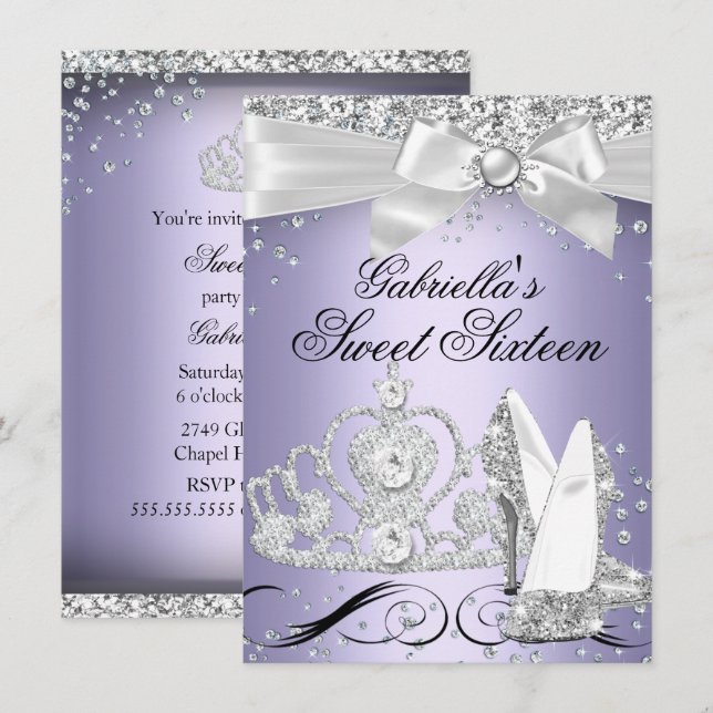 Sparkle Tiara & Heels Purple Sweet 16 Invite (Front/Back)