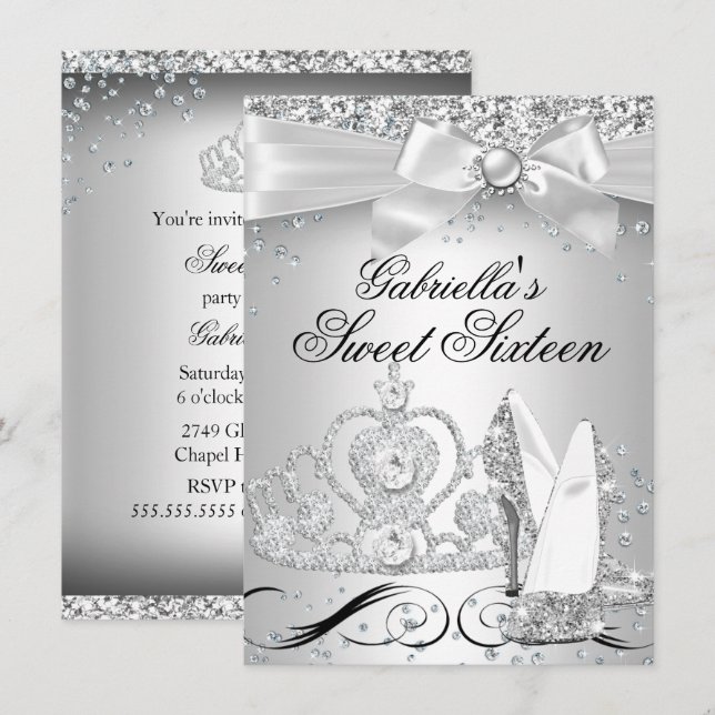Sparkle Tiara Heels Silver Sweet 16 Invite (Front/Back)