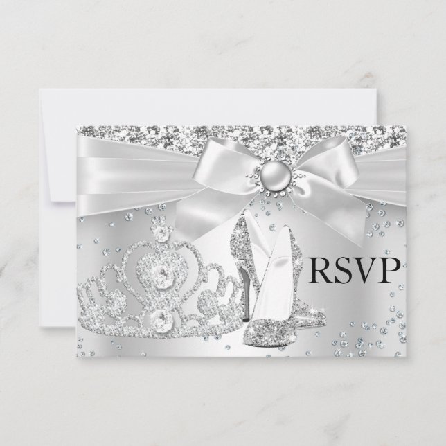 Sparkle Tiara Heels Silver Sweet 16 RSVP Card (Front)