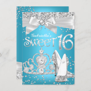 Sparkle Tiara Heels Sweet 16 Invite Blue