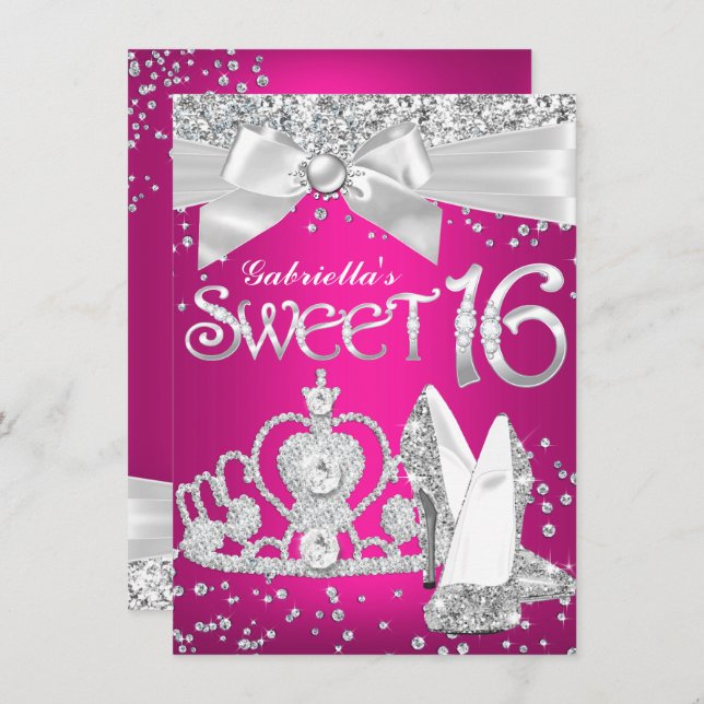 Sparkle Tiara & Heels Sweet 16 Invite Hot Pink (Front/Back)