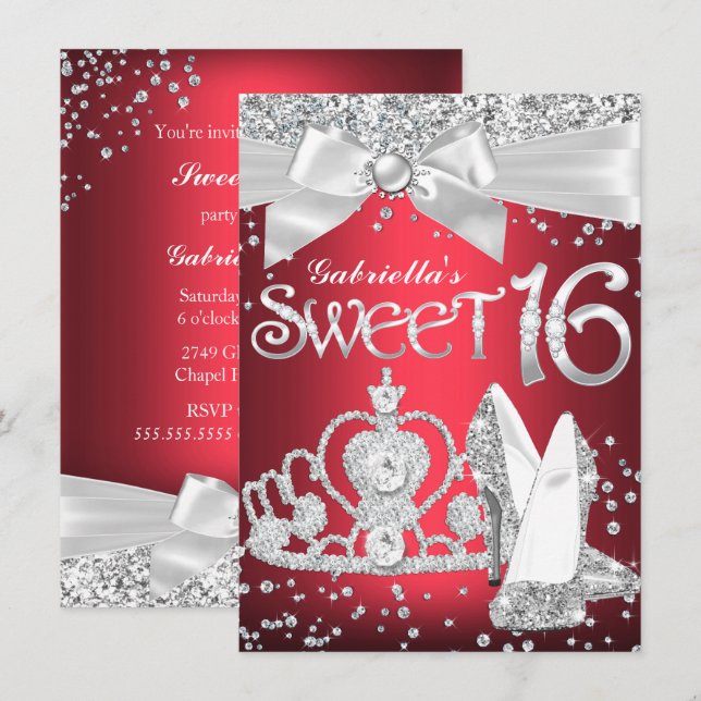 Sparkle Tiara Heels Sweet 16 Invite Red (Front/Back)
