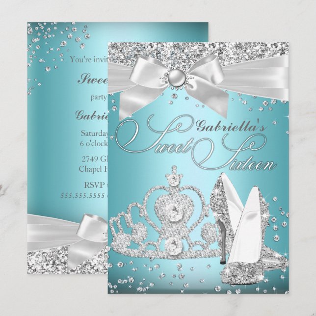 Sparkle Tiara & Heels Sweet Sixteen Blue Invitation (Front/Back)