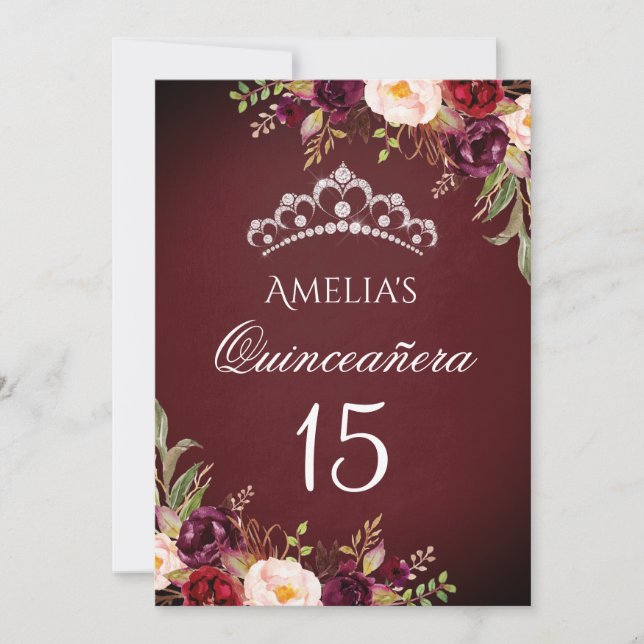 Sparkle Tiara Silver Burgundy Floral Quinceanera Invitation (Front)