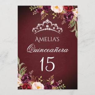 Sparkle Tiara Silver Burgundy Floral Quinceanera Invitation
