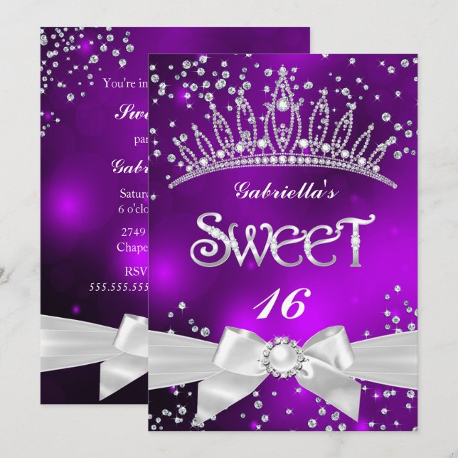 Sparkle Tiara Sweet 16 purple party Invitation (Front/Back)