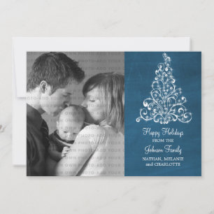 Sparkle Tree Chalkboard Flat Photo Card, Blue Holiday Card