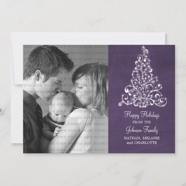 Sparkle Tree Chalkboard Flat Photo Card, Purple Holiday Card (Front)