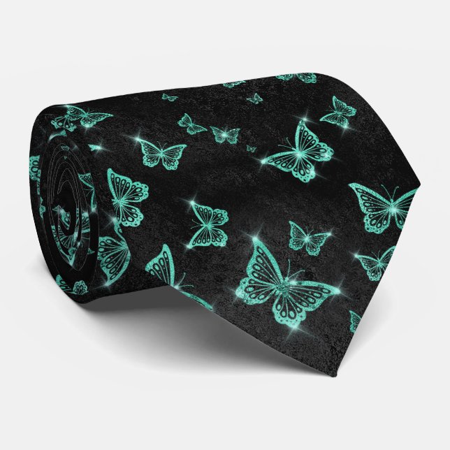 Sparkle Turquoise Glam Butterflies  Tie (Rolled)