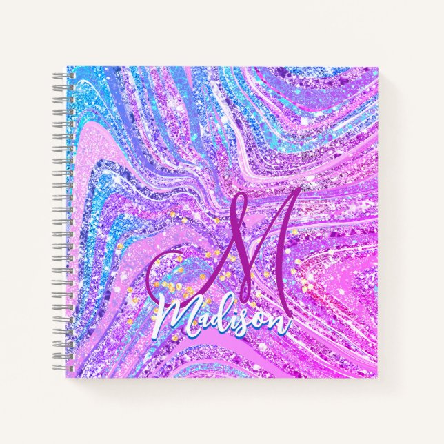 Sparkle unicorn rainbow girly marble art  notebook (Front)