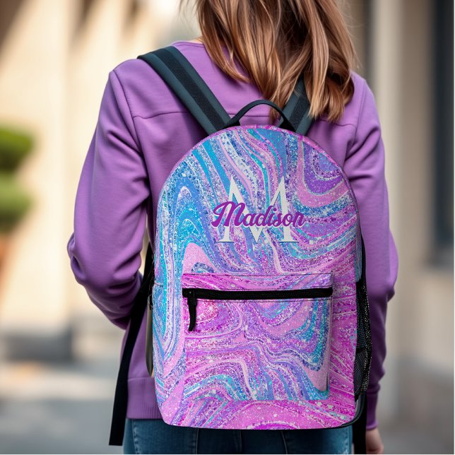 Sparkle unicorn rainbow girly marble art  printed backpack (Creator Uploaded)
