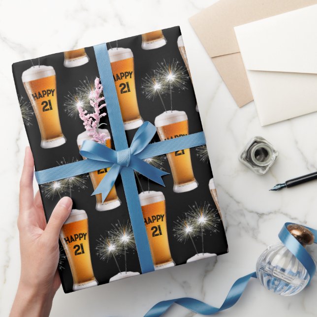 Sparklers In 21st Birthday Beer Glass  Wrapping Paper (Gifting)