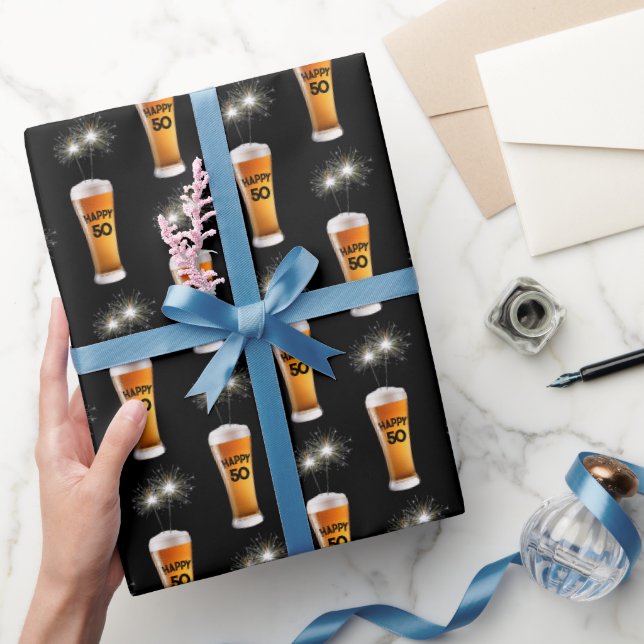 Sparklers In 50th Birthday Beer Glass Wrapping Paper (Gifting)