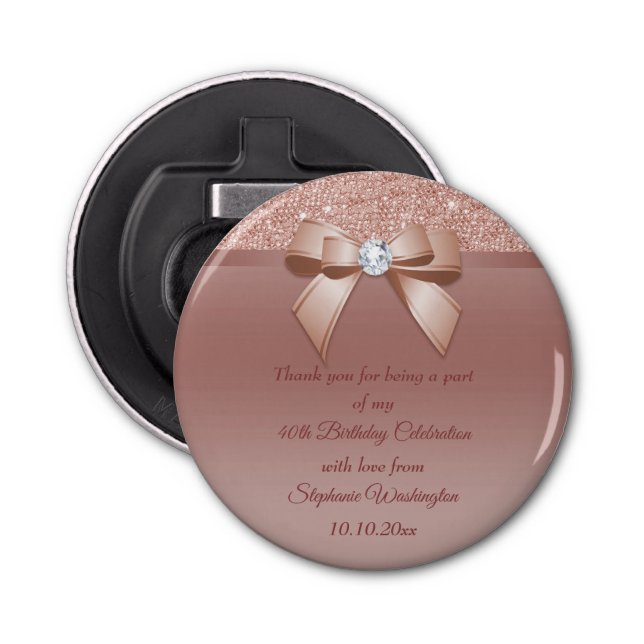 Sparkles & Glamour, Rose Gold Birthday Favour Bottle Opener (Front)