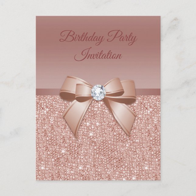 Sparkles & Glamour, Rose Gold Birthday Party Invitation Postcard (Front)
