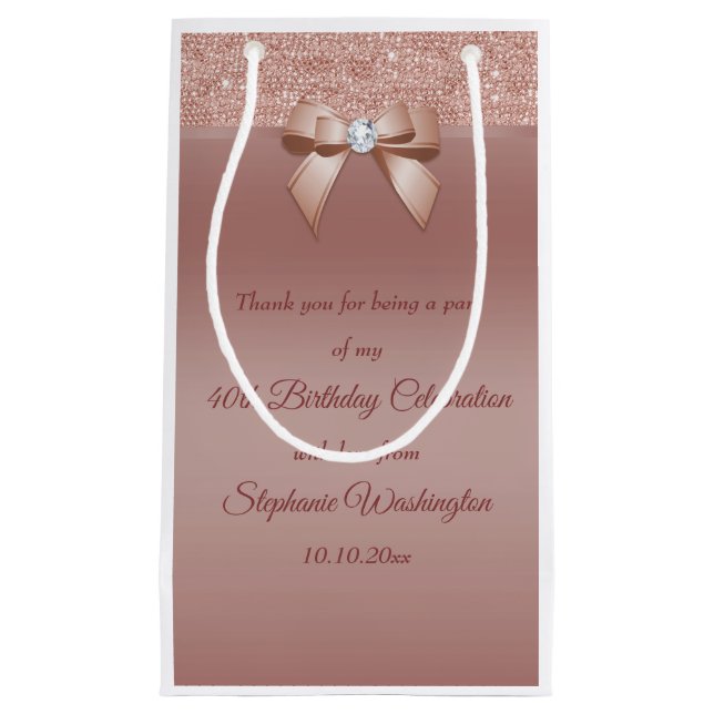 Sparkles & Glamour, Rose Gold Birthday Party Small Gift Bag (Front)